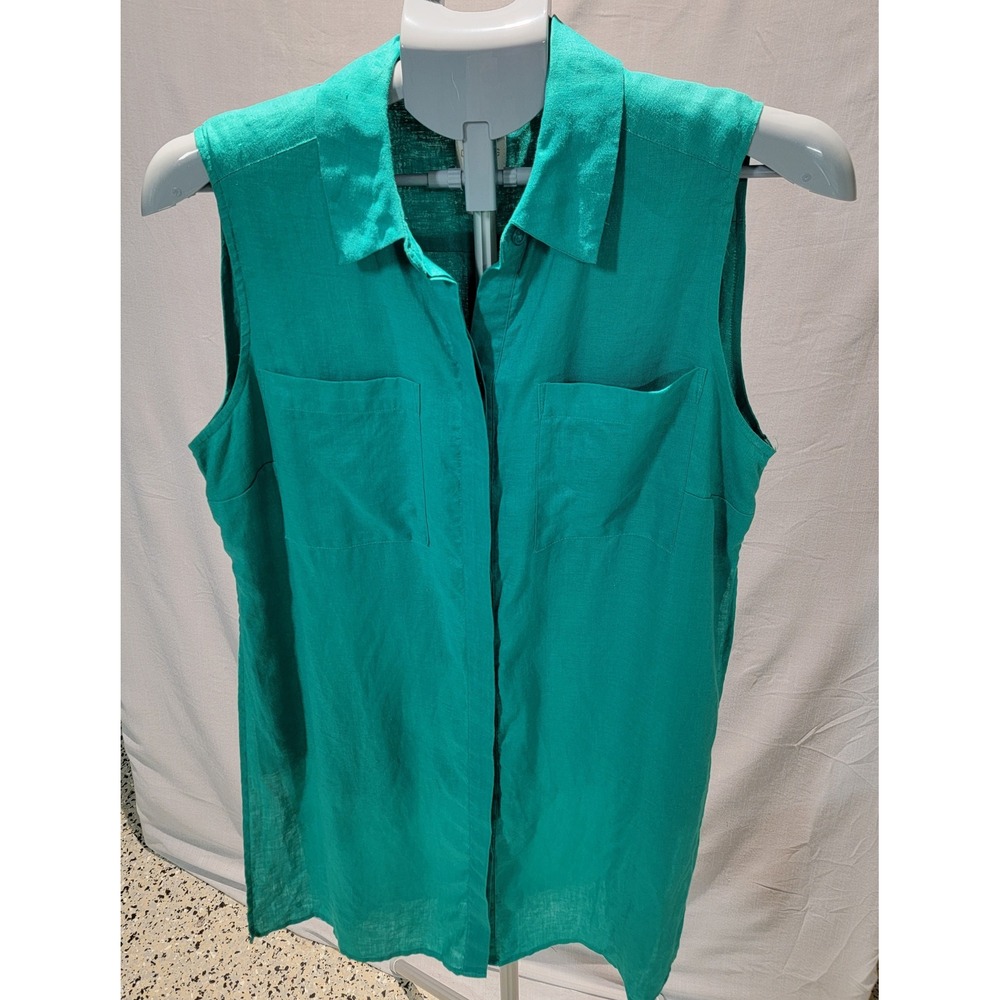 Chicos Sleeveless Linen Tunic Shirt Jade Green Button Front Longline Size 1